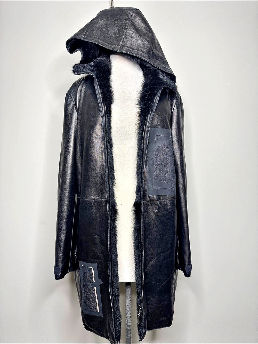 Emporium Armani Black Leather Hooded Coat Size 48 Like New